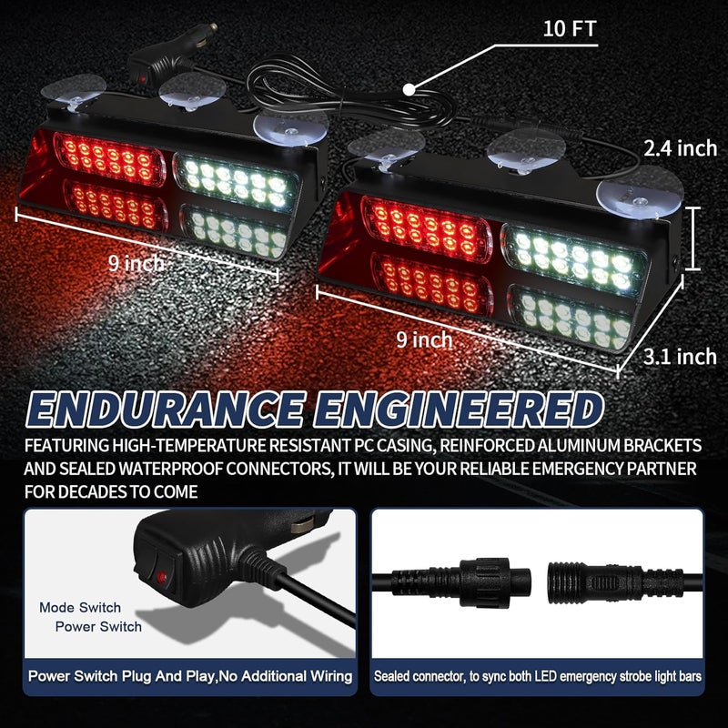 Tiannor Emergency Dash Strobe Lights,Red White Safety Flashing Warning Hazard Windshield Visor Light Bars,Traffic Advisor Light Bar for Volunteer Firefighter Vehicles, Trucks Cars(2x9 inch, 48LEDs) - Image 3